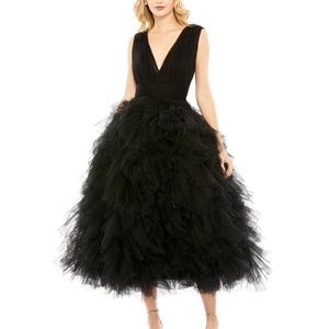 Mac Duggal Ruffled Cap Sleeve V Neck A Line Tulle Dress
